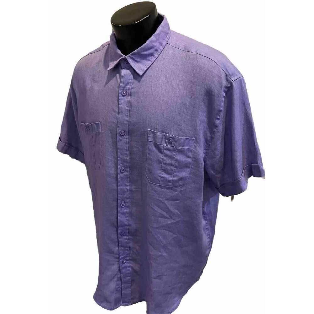 BRUNO NEW YORK MENS 100% Linen Short Sleeve Button Up Pockets Shirt XL LAVENDER